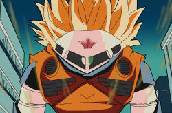 blonde_hair crossover dragon_ball dragonball_z fusion gundam highres looking_at_viewer mecha mobile_suit_gundam no_humans one-eyed parody pun reprilo_channel robot science_fiction solo son_goku super_saiyan what z&#039;gok zeon
