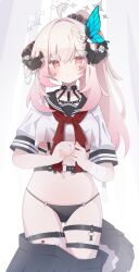 1girl ahoge alternate_costume au_ra bandaged_arm bandages belt black_panties black_sailor_collar black_scrunchie black_skirt blush breasts butterfly_hair_ornament character_request chest_harness choker closed_mouth clothes_pull commission crop_top crop_top_overhang cropped_shirt dragon_girl dragon_horns dragon_tail flower gradient_hair hair_ornament halo harness heart heart_o-ring highres horns long_hair looking_at_viewer medium_breasts multicolored_hair navel neckerchief o-ring o-ring_bottom open_clothes open_skirt panties pink_eyes pink_hair pleated_skirt ponytail red_eyes red_neckerchief rose sailor_collar satoh_vrc school_uniform scrunchie serafuku shirt short_sleeves side_ponytail skeb_commission skirt skirt_pull solo sweat tail tattoo thigh_belt thigh_strap underwear vrchat white_background white_flower white_rose white_shirt