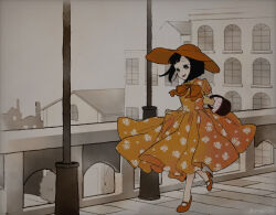 Rule 34 | 1girl, aged up, alternate costume, basket, blunt ends, bob cut, bow, bridge, brown eyes, building, dress, elbow carry, floral print dress, hat, high heels, holding, holding basket, lamppost, leg up, okiku (osomatsu-kun), orange bow, orange dress, orange headwear, orange shoes, osomatsu-san, osomatsu (series), shoes, smile, sun hat, user pwza2477