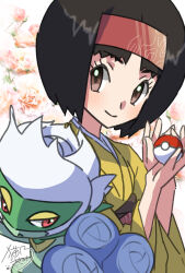 1girl black_hair brown_eyes closed_mouth commentary_request erika_(pokemon) eyelashes flower gen_4_pokemon hairband hands_up highres holding holding_poke_ball japanese_clothes kimono looking_at_viewer nintendo poke_ball poke_ball_(basic) pokemon pokemon_(creature) pokemon_hgss red_hairband roserade sasami_642 short_hair signature smile yellow_kimono