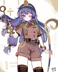 1girl absurdres ankh belt blue_eyes blue_hair brown_shirt brown_shorts collared_shirt dated earrings facial_mark fossilized_wonders gold gold_headdress gold_headwear highres holding holding_scepter jewelry key_earrings long_hair michigami_nareko scepter shen_bi_ren_(user_rjgy2824) shirt shorts smile solo tattoo thighhighs touhou triangle triangle_facial_mark