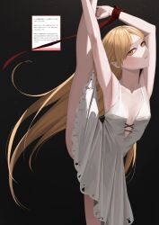 1girl bare_shoulders blonde_hair collarbone dress highres kizumonogatari leg_up long_hair looking_at_viewer monogatari_(series) nemo_ringo oshino_shinobu pointy_ears red_ribbon ribbon simple_background solo vampire very_long_hair white_dress wrist_ribbon yellow_eyes
