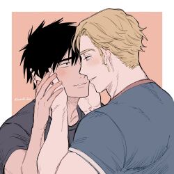 Rule 34 | 2boys, absurdres, adam&#039;s apple, ao isami, black hair, blonde hair, blue shirt, blush, border, close-up, couple, eye contact, facial hair, grey shirt, hand on another&#039;s cheek, hand on another&#039;s face, hand on another&#039;s hand, haruki chise, highres, imminent kiss, kiss day, lewis smith, looking at another, male focus, multiple boys, outside border, parted lips, shirt, short hair, sideburns stubble, stubble, twitter username, white border, yaoi, yuuki bakuhatsu bang bravern