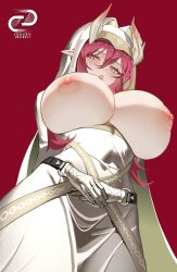 1girl absurdres arknights ascalon_(arknights) ascalon_(phototaxis)_(arknights) breasts breasts_out commentary_request dress highres horns huge_breasts lips long_hair nipples official_alternate_costume orange_eyes pointy_ears purple_hair solo teardrop_facial_mark veil white_dress white_horns white_veil yat_(tsmn7245)
