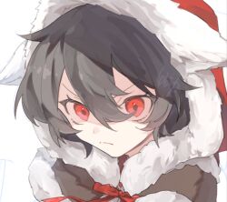&gt;:( 1girl black_hair ebi0_r fur-trimmed_hood fur_trim hair_between_eyes hood hood_up looking_down mondlicht_(reverse:1999) portrait red_eyes red_hood reverse:1999 short_hair solo v-shaped_eyebrows white_background