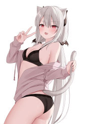 1girl animal_ear_fluff animal_ears ass bare_shoulders black_bra black_panties blush bra breasts cat_ears cat_girl cat_tail cleavage cowboy_shot highres holding_tail kamu_(geeenius) long_hair long_sleeves looking_at_viewer low_twintails off_shoulder open_mouth original panties red_eyes sidelocks simple_background sleeves_past_wrists small_breasts straight_hair tail thighs twintails underwear v very_long_hair white_background white_tail