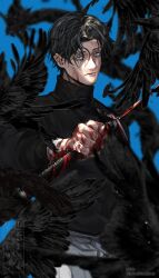 1boy beard_stubble bird black_hair black_shirt blind blood blood_on_face blood_on_hands bloody_weapon blue_background crow curtained_hair facial_hair feathers grey_eyes hand_up high_collar highres holding holding_sword holding_weapon jewelry kagurabachi katana male_focus pants rei_(poro06625649) ring samura_seiichi scar scar_across_eyes shirt solo stubble sword weapon white_pants
