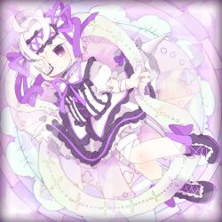 1girl ahoge antenna_hair bandages bat_wings blush boots dress emil_chronicle_online eyepatch frilled_dress frilled_hairband frills hairband lying medical_eyepatch purple_boots purple_dress purple_hair purple_ribbon purple_wings ribbon white_familiar_alma wings yuzujampot