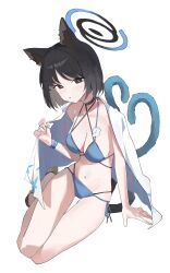 absurdres animal_ears bare_shoulders bikini black_eyes black_hair blue_archive blue_bikini blue_halo blue_tail breasts cat_ears cat_girl cat_tail halo highres k.gj kikyou_(blue_archive) kikyou_(swimsuit)_(blue_archive) large_breasts medium_hair multiple_tails navel official_alternate_costume simple_background swimsuit tail thighs two_tails white_background