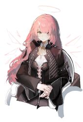 1girl arknights black_collar black_jacket chinese_commentary closed_mouth collar collared_jacket commentary_request detached_wings energy_wings hair_between_eyes halo hashtag-only_commentary highres jacket lemuen_(arknights) light_blush light_smile long_hair long_sleeves looking_at_viewer miyabi_(inarizushi) open_clothes open_jacket pink_eyes pink_hair pink_halo shirt simple_background sitting sleeve_zipper solo upper_body wheelchair white_shirt wings
