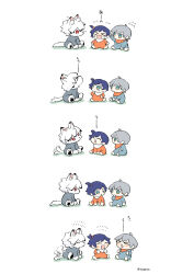 &gt;_&lt; 1girl 2boys ^_^ animal_ear_fluff animal_ears artist_name baby belle_(zenless_zone_zero) blue_hair blush brother_and_sister chibi chibi_only closed_eyes commentary crying furry furry_male green_eyes grey_hair highres multiple_boys open_mouth red_eyes shirt siblings simple_background soppos symbol-only_commentary twitter_username von_lycaon white_background white_shirt wise_(zenless_zone_zero) wolf_ears zenless_zone_zero