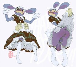 1boy anus ass blush colored_teeth feet furry highres jax_(the_amazing_digital_circus) maid no_shoes penis rabbit_boy soles the_amazing_digital_circus thighhighs white_thighhighs xdarkspace yellow_teeth