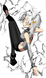 1girl absurdres bare_shoulders black_pants black_shoes breasts collar commentary detached_sleeves english_commentary from_side full_body grey_hair grey_shirt hair_ornament hairclip highres jewelry legs_up looking_at_viewer looking_back medium_breasts mercury_(element) midriff multiple_rings original pants ring shirt shoes short_hair signal_1120 simple_background sitting solo watch white_background wristwatch yellow_eyes