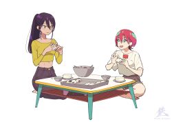 2girls amate_yuzuriha artist_name black_hair black_pants brown_shorts commentary cooking denim gundam gundam_gquuuuuux high_ponytail highres kneeling long_hair multiple_girls nyaan_(gundam_gquuuuuux) pants ponytail red_hair shirt short_hair shorts sitting symbol-only_commentary tetsukazu twitter_username watermark white_shirt yellow_shirt