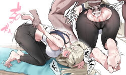 Rule 34 | 1boy, 1girl, aftersex, all fours, anal, arm held back, arm up, ass, azur lane, bar censor, bare arms, bare shoulders, barefoot, black choker, black hairband, black pants, blonde hair, blue eyes, blush, breasts, censored, choker, clothed sex, commentary request, commission, cropped legs, cum, cum in ass, cumdrip, disembodied hand, doggystyle, from behind, from side, full body, hair ornament, hair spread out, hairband, half-closed eyes, head out of frame, heart, hetero, highres, holding another&#039;s wrist, large breasts, long hair, mat, midriff, motion lines, multiple views, nakamura rohane, no panties, official alternate costume, on floor, open mouth, painleve (azur lane), painleve (team stretching) (azur lane), pants, penis, pixiv commission, ponytail, profile, pussy, rolling eyes, saliva, sex, sex from behind, sideboob, soles, solo focus, sparkle hair ornament, spasm, speech bubble, spoken heart, sports bra, sweat, testicles, tight clothes, tight pants, toenails, toes, torn clothes, torn pants, translation request, twitching, veins, veiny penis, white background, white sports bra, wooden floor, yoga pants