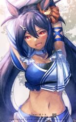 1girl animal_ears armpits arms_up blue_hair blue_skirt breasts choker cleavage commentary_request cropped dark-skinned_female dark_skin fang fingernails hair_ornament hairclip highres hishi_amazon_(umamusume) horse_ears horse_girl horse_tail ittokyu long_hair medium_breasts open_mouth red_eyes signature skirt smile solo stretching sweat tail tan umamusume white_choker