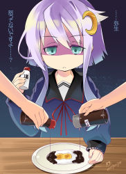 10s 1girl :&lt; artist_name crescent crescent_hair_ornament egg egg_(food) food fried_egg green_eyes hair_ornament highres imu_sanjo kantai_collection long_sleeves neckerchief purple_hair sailor_collar salt school_uniform serafuku shaded_face short_hair short_hair_with_long_locks soy_sauce translation_request yayoi_(kancolle)