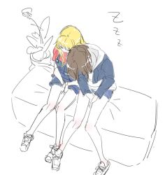 2girls bang_dream! black_hair blonde_hair closed_eyes couch denim denim_jacket highres jacket lying_on_person multiple_girls okusawa_misaki pink_shirt plant shirt shoes shorts simple_background sleeping tsurumaki_kokoro zgok1uy8amciwae zzz