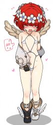 1girl angel_wings asymmetrical_footwear bikini black_gloves blush cameltoe covered_eyes embarrassed eye_mask flat_chest flying_sweatdrops gloves head_wreath honkai:_star_rail honkai_(series) kousakuin_(firstsatyam) loli micro_bikini open_mouth pointy_ears red_hair spoken_blush sweat swimsuit trinnon_(honkai:_star_rail) wings