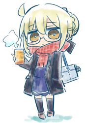 1girl ahoge artoria_pendragon_(fate) bag bag_charm black-framed_eyewear black_jacket black_thighhighs blonde_hair blue_serafuku blue_shirt blue_skirt blush braid brown_eyes brown_shoes can charm_(object) chibi closed_mouth commentary_request fate/grand_order fate_(series) fringe_trim full_body glasses hair_between_eyes hair_bun holding holding_can jacket kasuga_yuuki loafers mysterious_heroine_x_alter_(fate) open_clothes open_jacket red_scarf scarf school_bag school_uniform semi-rimless_eyewear serafuku shadow shirt shoes simple_background skirt solo standing steam thighhighs under-rim_eyewear white_background