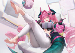 +_- 1girl absurdres arknights arknights:_endfield ass barefoot black_gloves black_horns black_tail breasts commentary_request commission cone_hair_bun diamond_in_eye feet gloves hair_bun hair_intakes hair_on_horn highres horns index_finger_raised large_breasts large_tail legs long_hair long_sleeves looking_at_viewer midriff multicolored_horns navel one_eye_closed open_mouth pants pink_gloves pink_horns puffy_long_sleeves puffy_sleeves purple_eyes see-through_clothes see-through_sleeves smile solo sparkling_eyes tail toes two-tone_gloves two-tone_horns uof very_long_hair white_pants yvonne_(arknights)