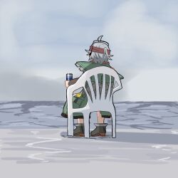 1girl ahoge energy_drink facing_away full_body g11_(girls&#039;_frontline) girls&#039;_frontline girls&#039;_frontline_2:_exilium grey_hair highres meme on_chair short_hair smart_oval solo vergil&#039;s_chair_(meme)