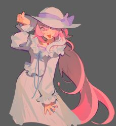 1girl breasts commentary dress elysia_(herrscher_of_human:_ego)_(honkai_impact) elysia_(honkai_impact) elysia_(summer_2025)_(honkai_impact) english_commentary grey_background hand_on_headwear hat heart heart_necklace highres honkai_(series) honkai_impact_3rd jewelry long_hair mararu multicolored_hair necklace official_alternate_costume open_mouth pink_hair pink_nails purple_eyes simple_background smile solo sun_hat sundress two-tone_hair very_long_hair white_dress white_hair white_hat