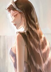 1girl bare_shoulders breasts brown_eyes brown_hair closed_mouth dang0_23 dress feather_hair_ornament feathers from_behind grey_dress hair_ornament highres lips long_hair looking_back medium_breasts original sleeveless sleeveless_dress solo upper_body