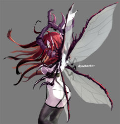 1girl arms_up arthropod_limbs artist_name beelzebub_(megami_tensei) black_nails black_pantyhose breasts cowboy_shot demon_(megami_tensei) from_behind grey_background insect_wings long_hair looking_at_viewer majin_tensei pantyhose pointy_ears red_hair shinabita_nasubi simple_background solo wings yellow_eyes