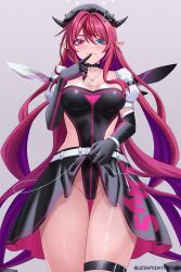 1girl asymmetrical_wings black_hat black_horns black_leotard black_skirt black_wings breasts cleavage clothes_lift cowboy_shot finger_to_mouth hat heterochromia highres hololive hololive_english horns irys_(hololive) large_breasts leotard pointy_ears seraphim_throne simple_background skirt skirt_lift solo twitter_username virtual_youtuber white_background white_wings wings