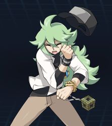 Rule 34 | 1boy, ahoge, black hat, black shirt, blue background, bracelet, clenched hands, closed eyes, crossed arms, defeat, double-parted bangs, dress shirt, facing to the side, full body, gold bracelet, hand over face, hat, highres, jewelry, khaki pants, long bangs, male focus, n (pokemon), nintendo, nuumigranate, open mouth, parody, partially unbuttoned, pokemon, pokemon bw, ponytail, rubik&#039;s cube, shirt, shirt under shirt, sleeves rolled up, solo, style parody, surprised, sweatdrop, turning head, untucked shirt, wallet chain, white shirt, wince, wind, yu-gi-oh!, yu-gi-oh! duel links