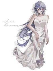 1girl alternate_costume blue_hair breasts cleavage cursive dress head_wings highres honkai:_star_rail honkai_(series) kbnimated long_hair robin_(honkai:_star_rail) simple_background solo white_background white_dress white_wings wings