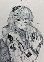 1girl admi_(nikke) ahoge backpack bag blush bow bowtie burger eating food food_bite food_on_face goddess_of_victory:_nikke greyscale hair_ornament hatching_(texture) headgear highres holding holding_food hood hood_down hooded_jacket jacket long_sleeves looking_at_viewer medium_hair monochrome mugen_kageno multicolored_hair open_clothes open_mouth shirt signature simple_background solo streaked_hair sweater_vest traditional_media upper_body