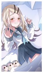 1girl absurdres blonde_hair blue_neckerchief blue_sailor_collar blue_skirt blush border character_doll commentary_request curtains ear_cleaning earrings from_below gakuen_idolmaster hair_ornament hairclip high-waist_skirt highres idolmaster indoors jewelry long_hair long_sleeves looking_at_viewer neckerchief open_mouth orange_eyes pleated_skirt sailor_collar shinosawa_hiro shirt sidelocks signature sitting skirt sleeves_past_wrists smile solo swept_bangs teeth vtitalianlion46 white_border white_shirt wind