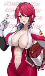 1girl ;d abs absurdres ahoge areola_slip blush breasts commentary cowboy_shot english_commentary gundam highres looking_at_viewer lunamaria_hawke navel nero_watch one_eye_closed open_mouth purple_eyes red_hair sketch smile solo veins veiny_breasts white_background