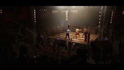 6+boys audience black_border black_pants black_shoes border boxing boxing_gloves chinese_commentary commentary_request covered_face dark dark-skinned_male dark_skin fighting gloves grey_hair indoors letterboxed male_focus multiple_boys original pants realistic red_gloves red_shirt red_shoes scenery shirt shoes short_sleeves sneakers stage_lights stairs t-shirt topless_male towel towel_around_neck wangzy white_shirt wide_shot