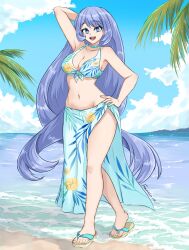 Rule 34 | 1girl, :d, artist name, beach, bikini, blue eyes, blue hair, boku no hero academia, breasts, cleavage, cloud, commentary, english commentary, fgsketch, full body, hado nejire, hand on own hip, highres, long hair, looking at viewer, navel, ocean, open mouth, sandals, sarong, smile, solo, swimsuit, teeth, upper teeth only, very long hair