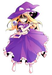 1girl blonde_hair bobby_socks bow dairi double-parted_bangs dress dress_ribbon floating_clothes floating_hair frilled_dress frilled_hat frills full_body half-closed_eyes hat hat_bow highres holding holding_wand kirisame_marisa kirisame_marisa_(pc-98) large_variant_set legs_apart long_hair looking_at_viewer no_shoes orb outstretched_arm palms parted_lips purple_dress purple_hat raised_inner_eyebrows ribbon scepter shaded_face short_sleeves simple_background socks solo standing straight-on straight_hair sweatdrop tachi-e touhou touhou_(pc-98) transparent_background variant_set wand white_bow white_ribbon white_socks witch_hat yellow_eyes