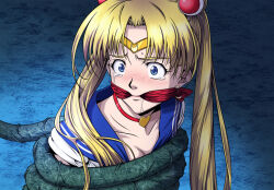 1girl bishoujo_senshi_sailor_moon blonde_hair blue_eyes blush bound breasts cleave_gag cloth_gag crying gag gagged improvised_gag medium_breasts sailor_moon sailor_moon_redraw_challenge_(meme)