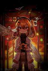 1girl a.i._voice adachi_rei android artificial_eye black_shirt blush camera cowboy_shot gloves glowing glowing_eye grey_shorts hair_ornament hairclip half-closed_eyes headlamp highres holding holding_camera jacket kakosa_sama lens_eye light_particles long_sleeves looking_at_viewer mechanical_eye medium_hair non-humanoid_robot one_side_up open_clothes open_jacket orange_background orange_eyes orange_hair radio_antenna red_pupils robot robot_animal robot_bird shirt shorts smile solo speaker standing straight-on traffic_light turtleneck turtleneck_shirt utau white_gloves white_jacket