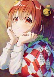 1girl alto2019 apron blush closed_mouth expressionless from_side hair_between_eyes head_rest highres long_sleeves medium_hair motoori_kosuzu orange_eyes orange_hair plaid_clothes plaid_shirt red_shirt shirt solo touhou two-tone_shirt two_side_up watermark white_shirt