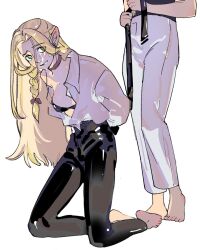2girls belt black_belt blonde_hair blush breasts choker dohwa110 dungeon_meshi elf falin_touden green_eyes kneeling long_hair marcille_donato multiple_girls open_mouth pointy_ears red_choker shirt smile standing white_shirt yuri