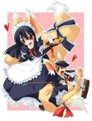1girl animal_ears apron black_hair blush broom food fox_ears fox_tail heart long_hair maid maid_apron maid_headdress open_mouth original red_eyes smile tail tsune-hime ukan_muri