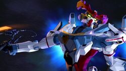 absurdres axe commentary_request flying gquuuuuux gundam gundam_gquuuuuux heat_hawk highres holding holding_axe holding_weapon mecha mecha_focus mobile_suit no_humans robot rustle science_fiction solo upper_body v-fin weapon