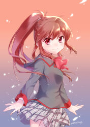 1girl 2017 ahoge arms_at_sides black_jacket blazer blush bow breasts closed_mouth commentary dated eyes_visible_through_hair floating_clothes floating_hair gradient_background grey_skirt hair_between_eyes highres jacket little_busters! little_busters!_school_uniform long_hair long_sleeves looking_at_viewer miniskirt misaki_juri natsume_rin pink_bow plaid_clothes plaid_skirt pleated_skirt ponytail red_eyes school_uniform sidelocks simple_background skirt small_breasts smile solo very_long_hair