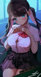Rule 34 | 1girl, absurdres, black skirt, bow, bowtie, bra, bra visible through clothes, breasts, button gap, chair, colored inner hair, dress shirt, fang, highres, indoors, kaga nazuna, lace, lace-trimmed bra, lace trim, large breasts, long hair, looking at viewer, mahjong, miniskirt, mole, mole under eye, multicolored hair, naikon, pink hair, pink nails, pleated skirt, red bow, red bowtie, school uniform, see-through clothes, shirt, short sleeves, sitting, skin fang, skirt, solo, strip game, strip mahjong, two-tone hair, underwear, undressing, very long hair, virtual youtuber, vspo!, white shirt, wing collar