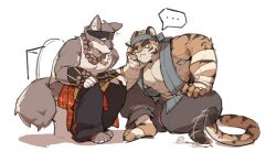 ... 2boys abs animal_ears bara betnone_(threefold_recital) chinese_commentary claws clothes_pull commentary_request furry furry_male head_on_hand highres indian_style looking_at_another male_focus multiple_boys muscular muscular_male pants pants_pull pectorals sitting speech_bubble spoken_ellipsis tail threefold_recital tiger_boy tiger_ears tiger_stripes tiger_tail toilet toilet_use triratna_(threefold_recital) white_background wolf_boy wolf_ears wolf_tail xyuu