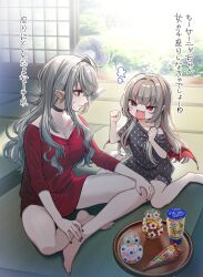 Rule 34 | 2girls, architecture, bare legs, barefoot, black choker, black nails, black shirt, breasts, brown hair, butterfly sitting, choker, cleavage, collarbone, demon wings, ear piercing, east asian architecture, fangs, genderswap, genderswap (mtf), grey hair, hair intakes, highres, indoors, long hair, long sleeves, looking at another, makaino ririmu, minotaur plate, multicolored hair, multiple girls, nail polish, nijisanji, off shoulder, piercing, pink hair, pointy ears, polka dot, polka dot shirt, red eyes, red shirt, sanya (kuzuha), shirt, sitting, translation request, two-tone hair, wariza, wings