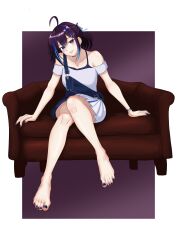 1girl absurdres ahoge bare_shoulders barefoot blue_hair blue_nails blue_ribbon border collarbone couch double-parted_bangs earrings feet full_body gradient_background hair_between_eyes hair_ribbon head_tilt highres indie_virtual_youtuber jewelry knees_together_feet_apart legs long_hair looking_at_viewer multicolored_hair nail_polish necklace off_shoulder on_couch parted_lips pleated_skirt purple_background purple_eyes ribbon scleaver sitting skirt smile solo streaked_hair suspenders toenail_polish toenails toes virtual_youtuber white_border yubari_rei