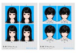 1boy 1girl black_eyes black_hair black_sailor_collar closed_mouth collared_shirt commentary_request id_photo long_hair looking_at_viewer multiple_views natsu_no_kusari norizane okuno_shinji photo_strip portrait_(object) recurring_image sailor_collar shirai_mitsuki shirt short_hair smile twitter_username white_shirt